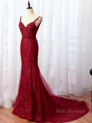 V Neck Burgundy Mermaid Lace Prom Dresses, Wine Red Mermaid Lace Formal Bridesmaid Dresses