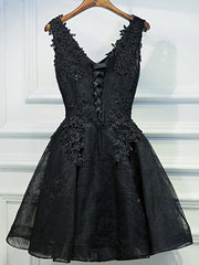 V Neck Short Black Lace Prom Dresses, Short Black Lace Graduation Homecoming Dresses