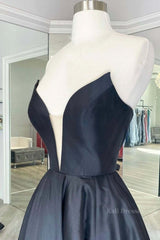 V Neck Strapless Black Satin Long Prom Dresses, Strapless Black Formal Dresses, Long Black Evening Dresses