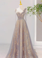 V-neckline Lace-up Champagne and Grey Long Formal Dress, Tulle Prom Dress