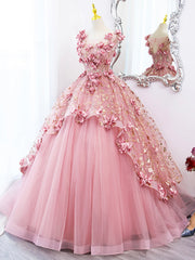 Pink Tulle Long Prom Dress with Flowers, Beautiful A-Line Sweet 16 Dress