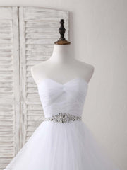 White Sweetheart Neck Tulle Long Prom Dress, White Formal Graduation Dress