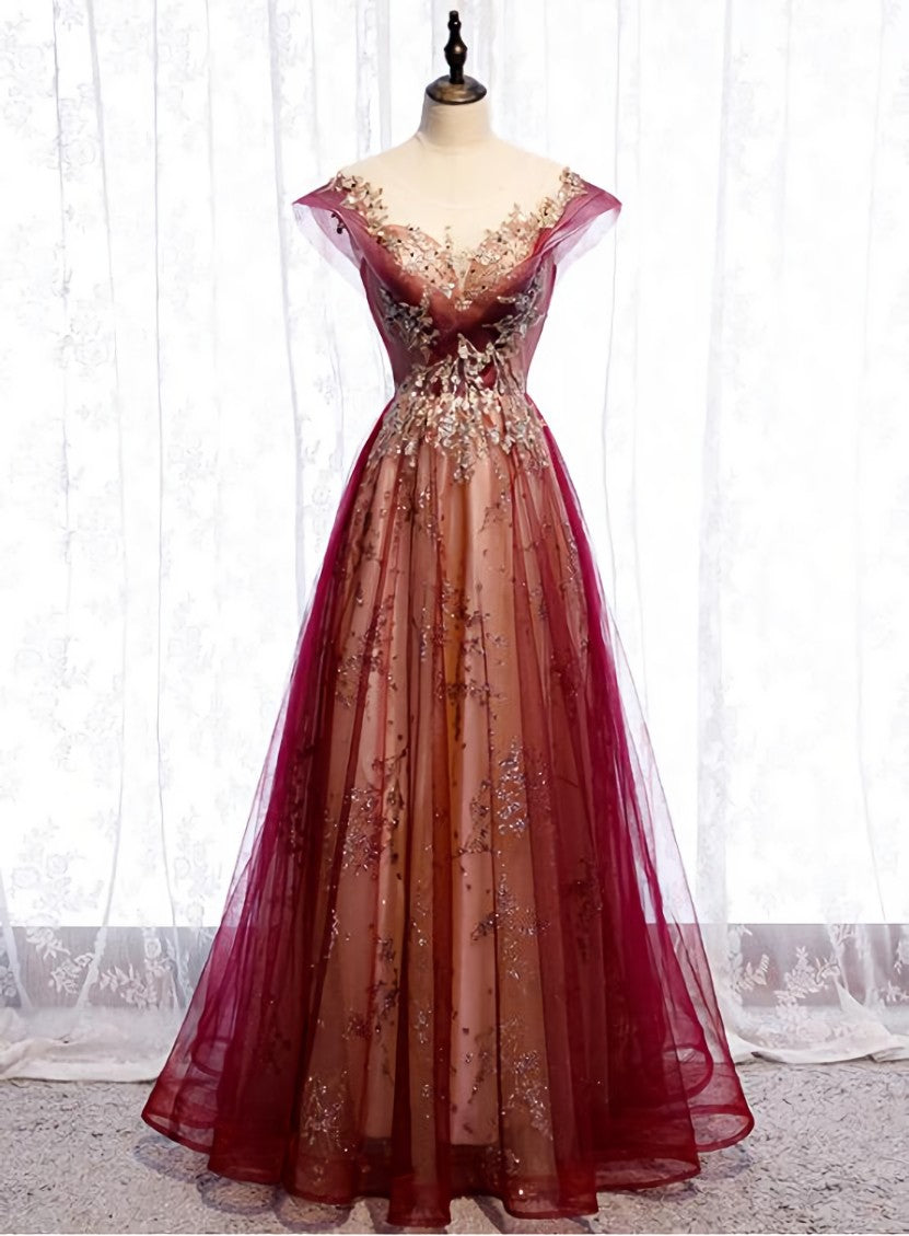 Wine Red Cap Sleeves Tulle with Lace Applique Party Dress, Wine Red Evening Dress Prom Dress