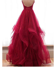 Wine Red Layers Tulle V-neckline Straps Formal Dress, Wine Red Evening Dress Party Dress