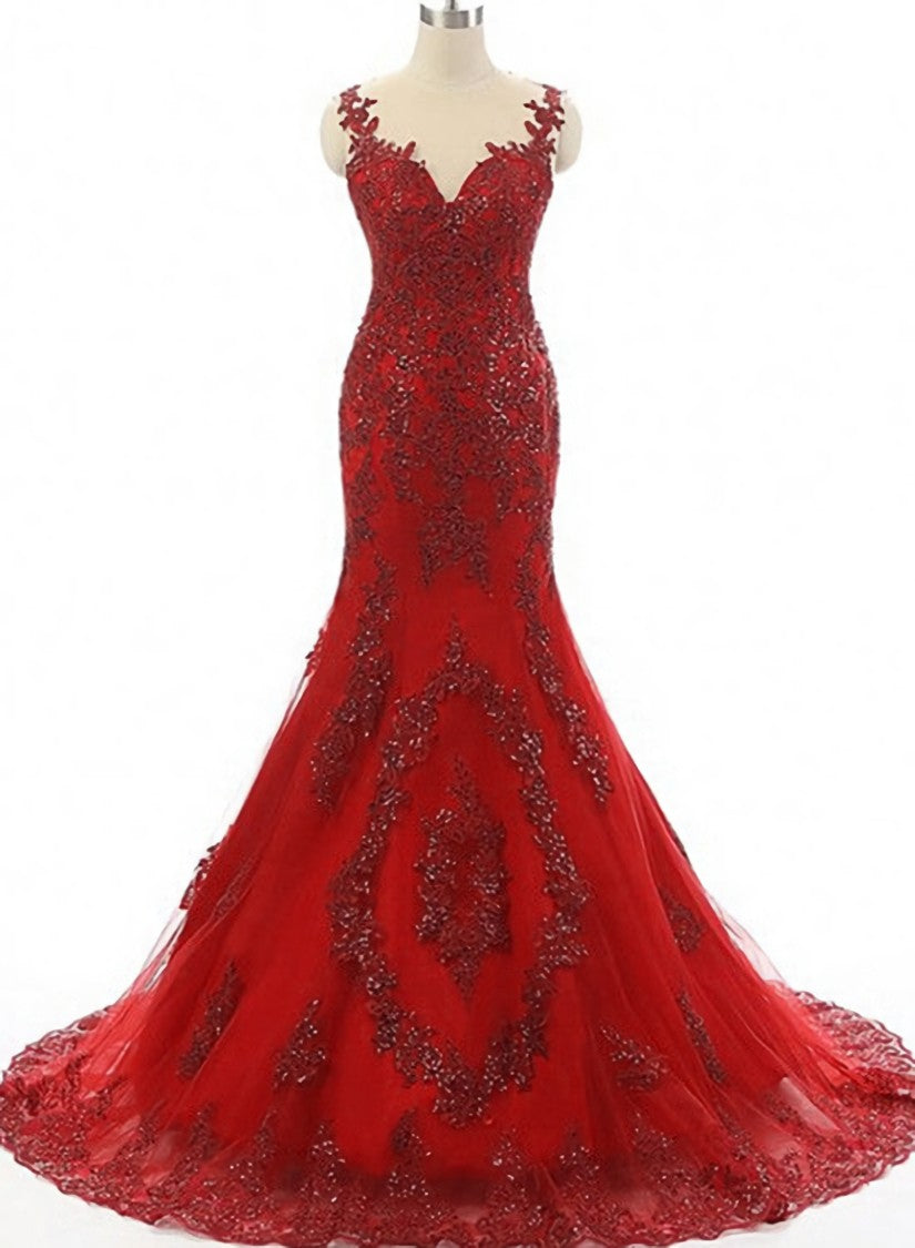 Wine Red Mermaid Long Party Dress with Lace Applique, Wine Red Formal Dresses