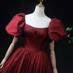 Wine Red Taffeta Short Sleeves Long Prom Dress, Wine Red Evening Dress Formal Dress