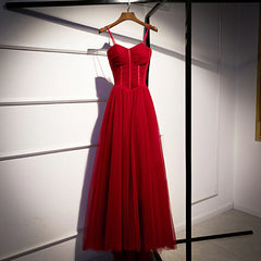 Wine Red Tulle Long Straps Party Dress Prom Dress, A-line Dark Red Formal Gown