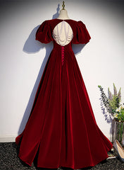 Wine Red Velvet Puffy Sleeves Long Party Dress, Wine Red Long Prom Dress