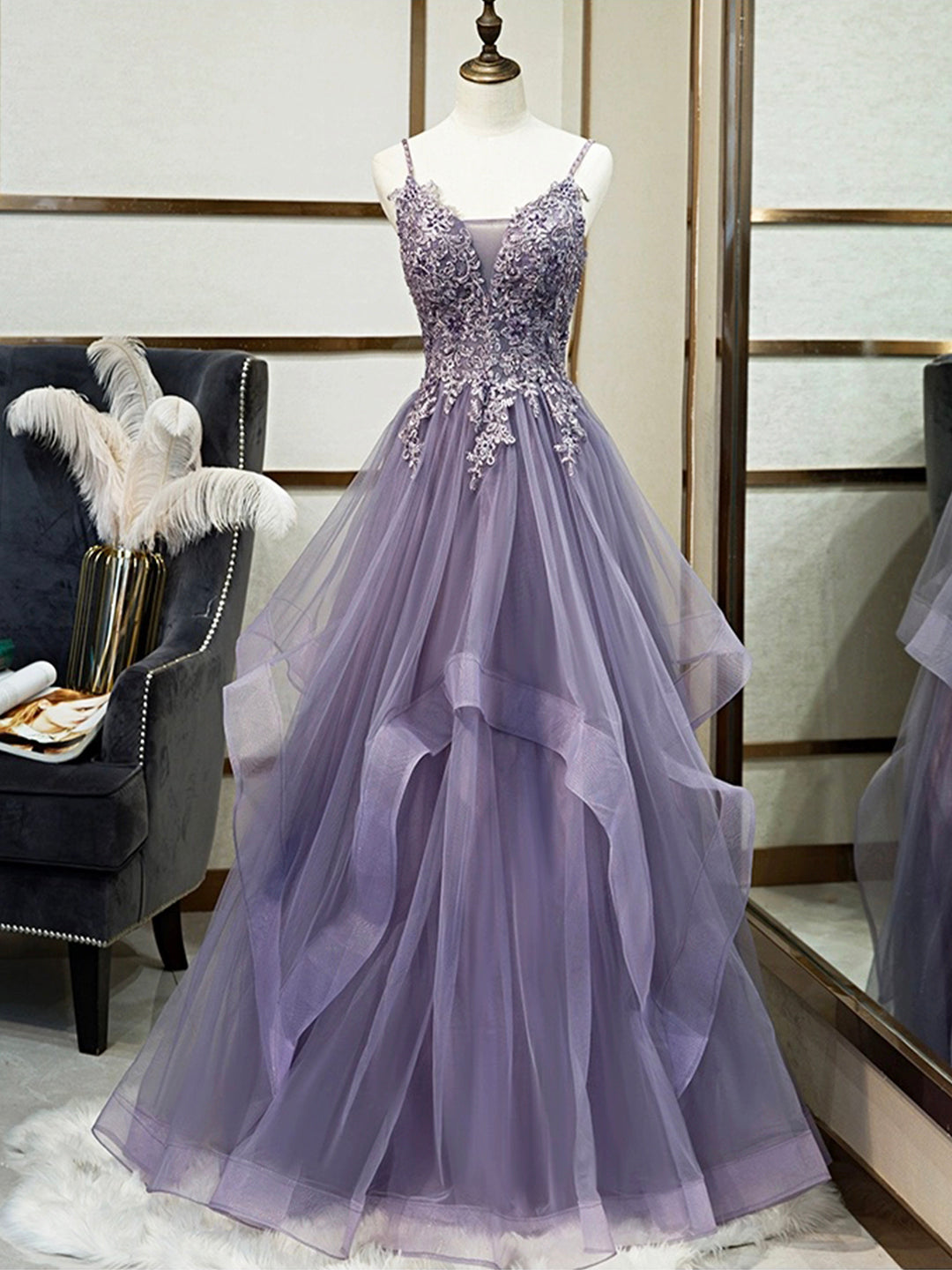 Purple Spaghetti Straps Lace Prom Dress, Lovely Tulle Corset Floor Length Evening Dress